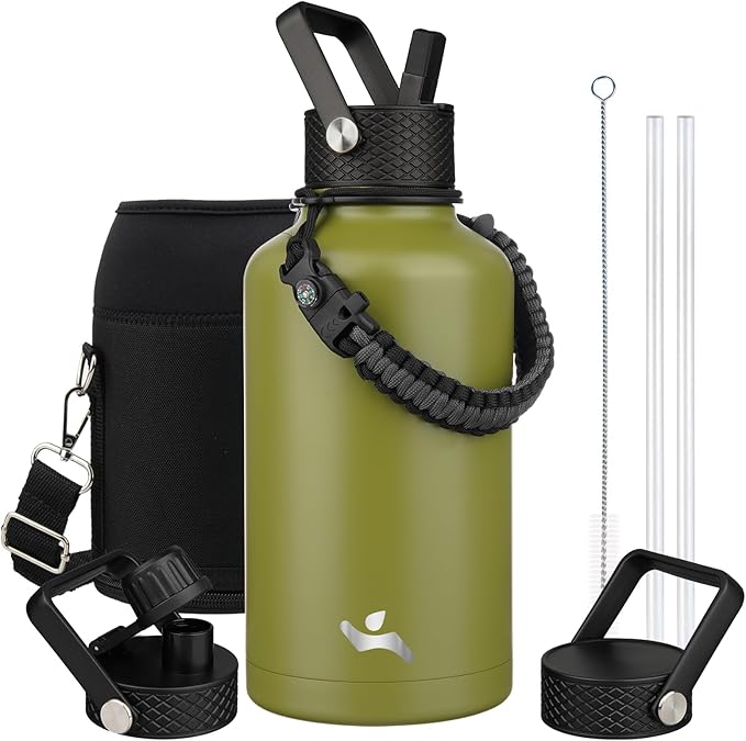Konokyo Half Gallon Insulated Water Bottle with Straw,64 oz 3 Lids Water Jug with Carrying Bag,Paracord Handle,Double Wall Vacuum Stainless Steel Metal Flask,Forest Green