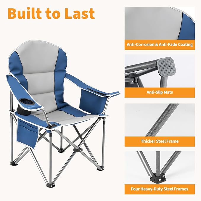 NEWBULIG Oversized Folding Camp Chair for Adults, 500 LBS Heavy Duty Support, Portable Outdoor Collapsible Chairs, with Cup Holders, Side Cooler & Pockets, for Lawn, Beach, Fishing, Hiking, Blue