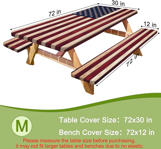 Picnic Table Cover with Bench Covers Portable Table Cloth Built-in Storage Pocket Fitted Tablecloth with Elastic Edges Waterproof Camping Essentials for Indoor Outdoor Rv,72in, American Flag