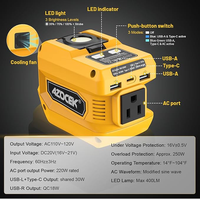 Azocek 220W Power Inverter Compatible with Dewalt 20V Battery(Battery not Included), DC 20V to AC 110V, 2 USB Ports & 1 Type-C Fast Charging, 400LM LED Work Light