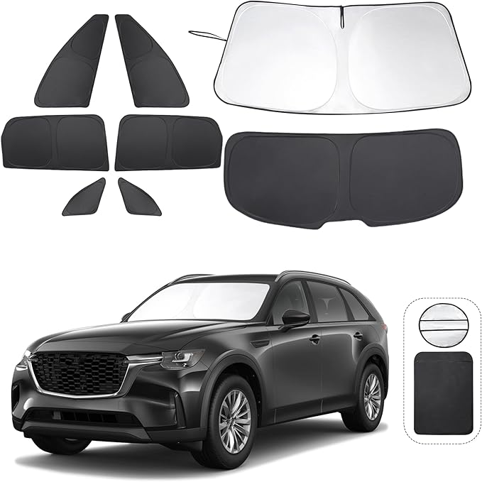 8PCS Windshield Sun Shade Custom Fit for 2024 2025 2026 Mazda CX-90 CX90 Accessories Foldable Sunshade Side Rear Window Shade Cover Full Set Privacy Protection Keeps Car Cool