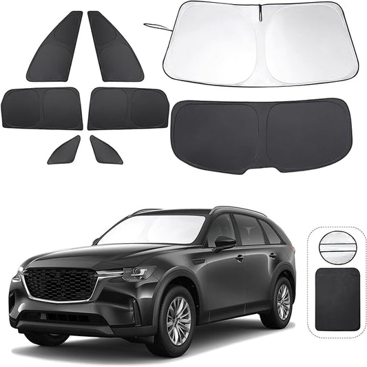 8PCS Windshield Sun Shade Custom Fit for 2024 2025 2026 Mazda CX-90 CX90 Accessories Foldable Sunshade Side Rear Window Shade Cover Full Set Privacy Protection Keeps Car Cool