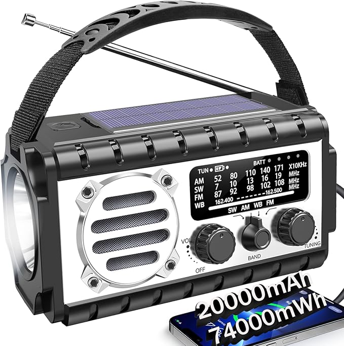 QAUYYW Emergency Radio, 20000mAh/74000mWh Weather Radio, Solar Hand Crank Radio with AM/FM/NOAA/SW Weather,Flashlight & Reading Lamp, SOS Alarm, Phone Charger for Indoor Outdoor Emergency