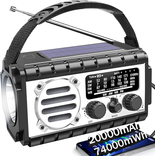 QAUYYW Emergency Radio, 20000mAh/74000mWh Weather Radio, Solar Hand Crank Radio with AM/FM/NOAA/SW Weather,Flashlight & Reading Lamp, SOS Alarm, Phone Charger for Indoor Outdoor Emergency