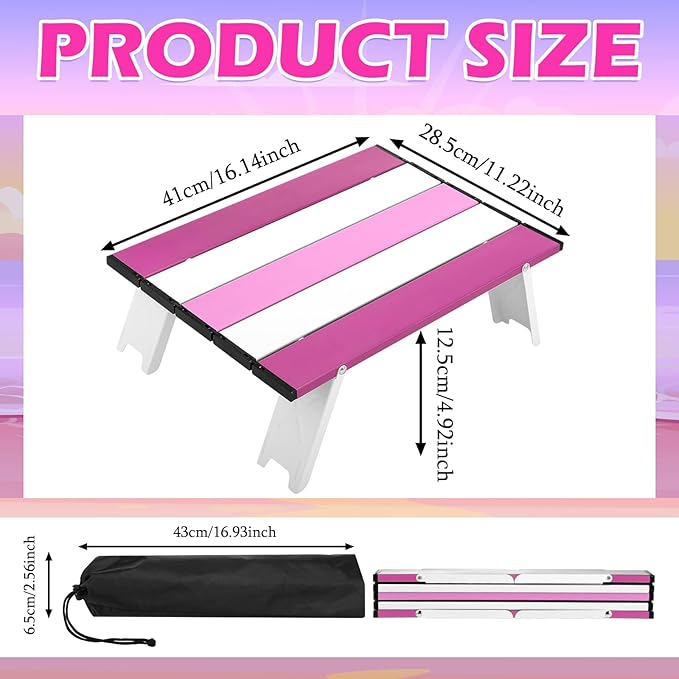 CroBlissful Beach Table Folding Camping Portable Table Striped White Aluminum Side with Carry Bag for Camping Picnics and Outdoor Activities(16x11x5 in,Pink)