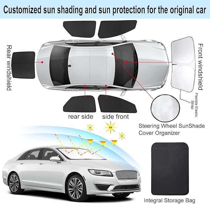 6PCS Windshield Sun Shade Custom Fit for 2013-2020 Lincoln MKZ Accessories Foldable Sunshade Side Rear Window Shade Cover Full Set Privacy Protection Keeps Car Cool