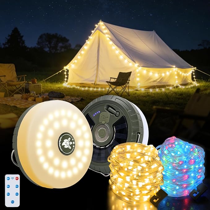 PHILORN Solar Camping String Lights, 33FT Rechargeable Tent Lantern String with 5 Lighting Modes, 4 in 1 Quick Storage Hanging Waterproof LED Lamp for Outdoor Patio Awning Garden Party