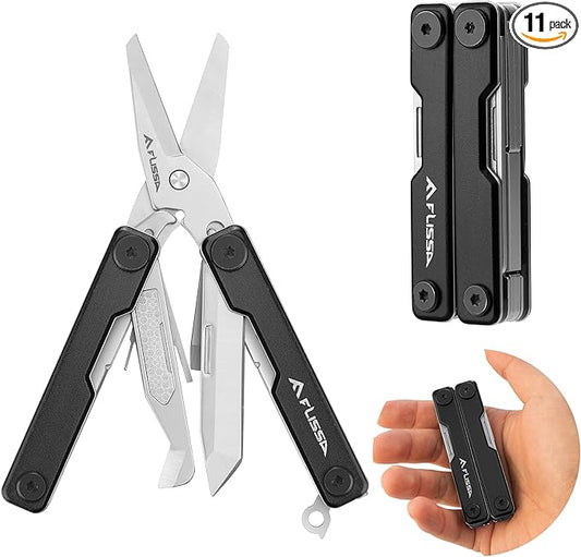 FLISSA 11-in-1 Multitool Scissors with Knife, Foldable Mini Multitool, Stainless Steel Scissors with Aluminum Handles, Spring - EDC for Camping, Hiking, Fishing, Emergency, Black