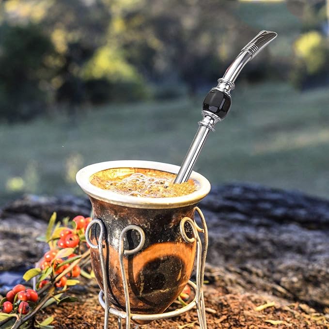 Set of 2 Premium big Yerba Mate stainless steel straws 8.2'' long - Bombillas for Mate gourd drinking,removable head filter, with Cleaning Brush (Gray-Black 2+1)