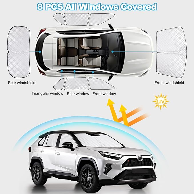 XCBYT 2019-2024 RAV4 Full Coverage Window Shades | 6-Layer Blackout Insulated Sun & UV Protection | Custom Fit Privacy Covers for Camping, Sleeping & Car Living (8 PCS)