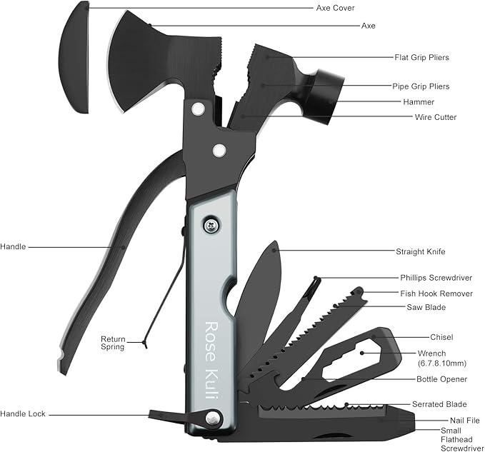 Camping Multitool, 18 in 1 Hatchet Survival Compact Multi Tools with Knife Axe Hammer Saw Screwdrivers Pliers Bottle Opener for Hunting Hiking Fishing Accessories Gifts for Men