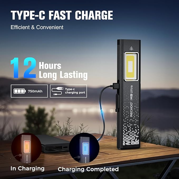 RECHOO Flat EDC Flashlight Rechargeable, 8-Mode Slim Pocket Flashlight with Magnetic Base & Clip, Lightweight Mini Rechargeable Flashlights for Everyday Carry, Working, Camping, Car Repair & Emergency