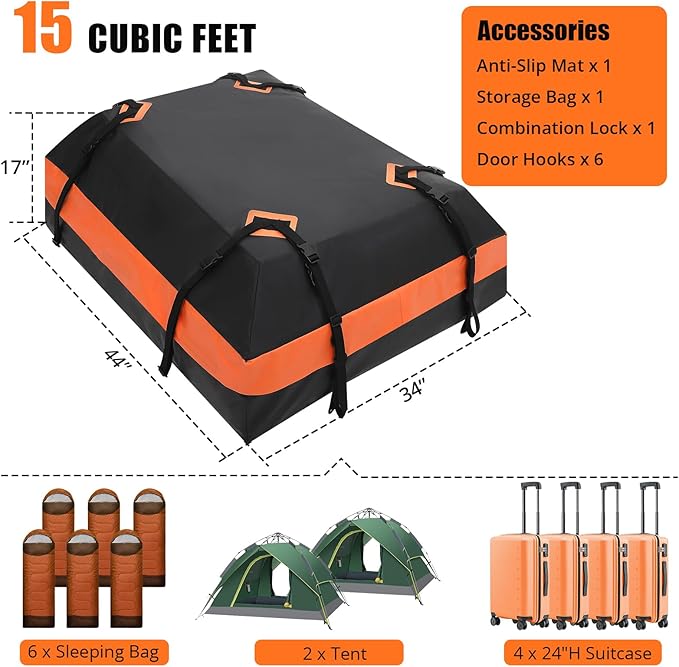 GarveeTech Car Rooftop Cargo Carrier Bag 15 Cubic Feet, Waterproof Roof Rack Cargo Bag for All Cars with/Without Rack, Waterproof Zip, 8 Reinforced Straps, 4 Door Hooks, Luggage Lock, Storage Bag