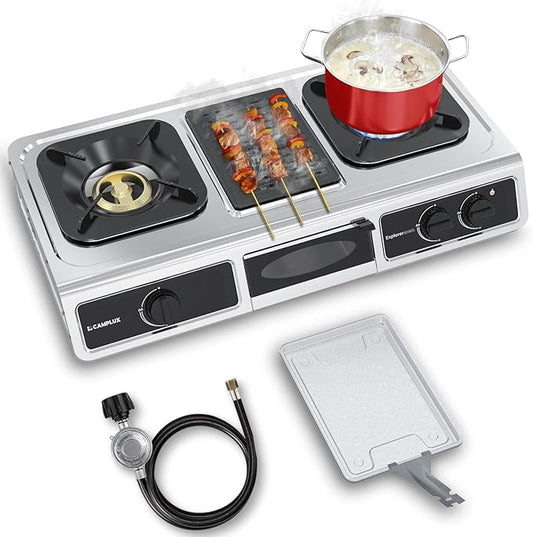 CAMPLUX 3 Burner with 1 Grill Plate Propane Gas Cooktop Stove, 26,000 BTU Stainless Steel Triple Burner Propane Cooktop for Outdoor Kitchen Cooking with CSA Regulator, Estufa de Gas Portatil