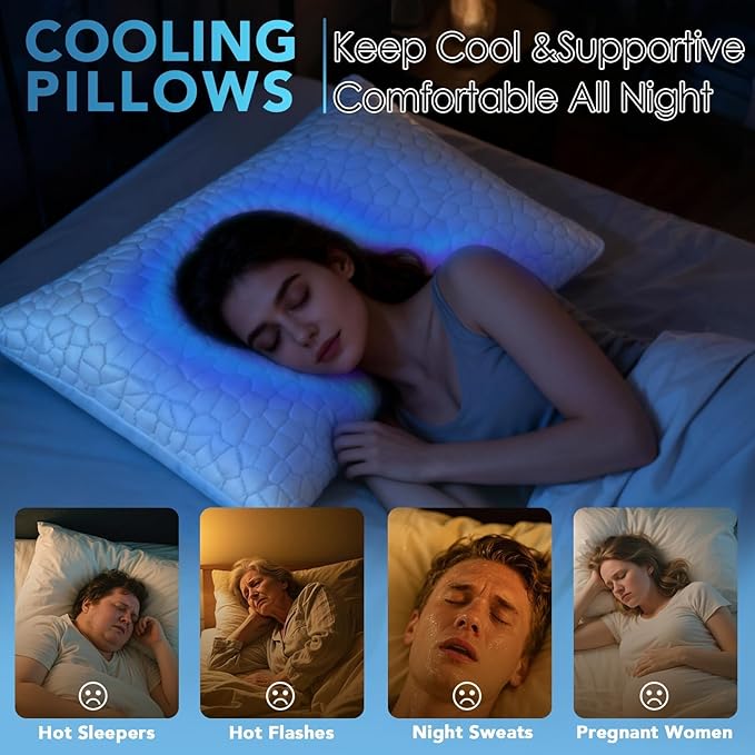 QUTOOL Cooling Pillow for Sleeping, CertiPUR-US Shredded Memory Foam King Pillows Set of 2, Cool Pillow for Hot Sleepers Adjustable Firm Pillow for Side, Back, Stomach Sleepers Soft Yet Support, White