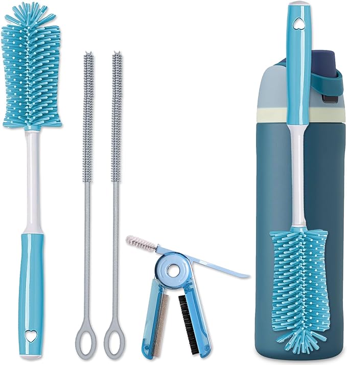 Silicone Cleaning Brush Kit - Water Bottle Brush with Long Handle Heavy Duty Straw Cleaner Brush, 4 in 1 Multipurpose Cup Cleaner Kit for Thermos, Sport Bottles, Coffee Mugs