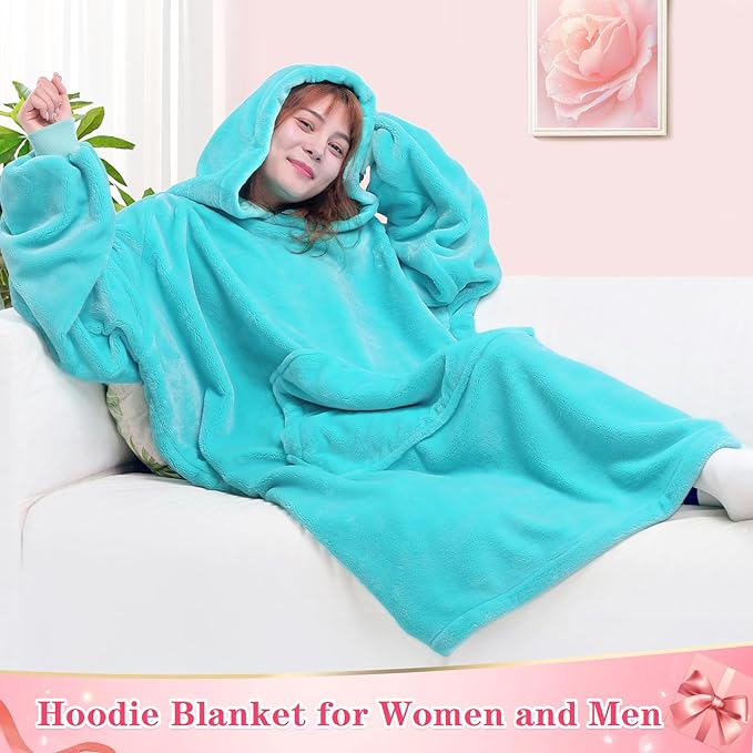 Waitu Wearable Blanket Sweatshirt for Women and Men, Super Warm and Cozy Giant Blanket Hoodie, Thick Flannel Blanket with Sleeves and Giant Pocket - Cyan