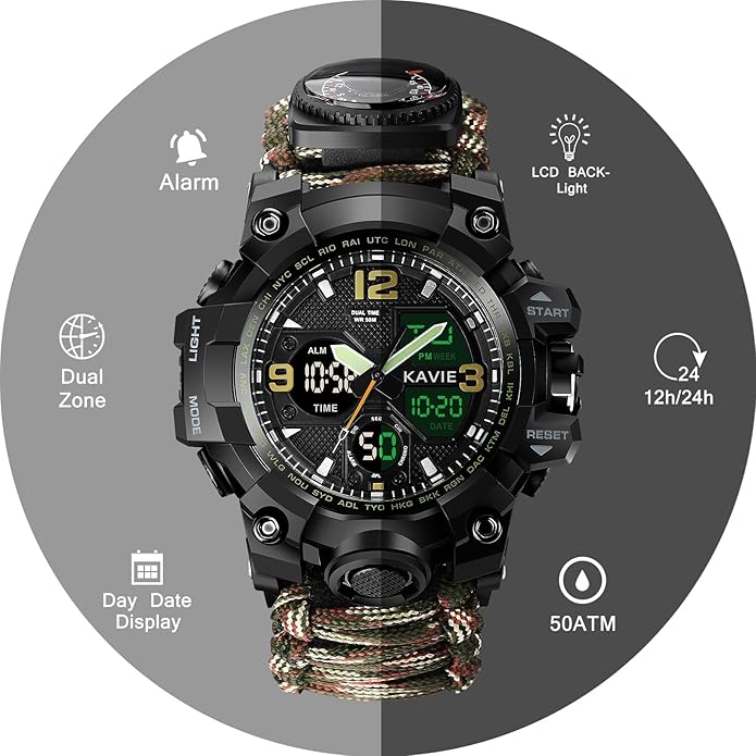 Mens Tactical Military Digital Watch, 23-in-1 Survival Multi-Functional Army Outdoors Waterproof Camouflage Sports Watches Dual Display Analog LED Electronic Wristwatches with Compass Paracord Band