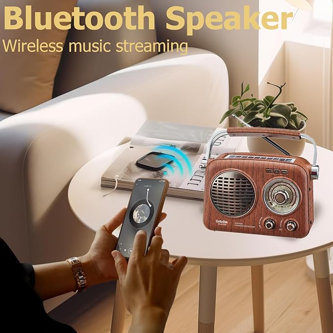 Gelielim Radios Portable AM FM SW,Vintage Radio Bluetooth Speaker with Crystal Clear Sound, Rechargeable Battery Powered, Retro Small Radio with Solar Panel & Flashlight, Gifts for Seniors Elderly