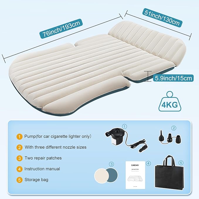 Ciremiv SUV Air Mattress with Double-Sided-Thick Flocked,Car Mattress with Pillow & Pump,Leakproof Durable Car Air Mattress,for Auto Camping, Road Trip,Double-Sided Flocking(Blue and White)