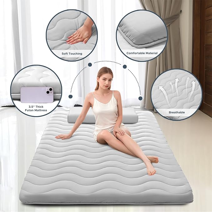 Japanese Floor Mattress, 100% High Density Comfortable Foam, 3.5" Thicken Grey Foldable Mattress Tatami Mat Sleeping Pad, Ideal for Comfort and Support, Kids Floor Lounger Pillow Bed Sofa (Queen）