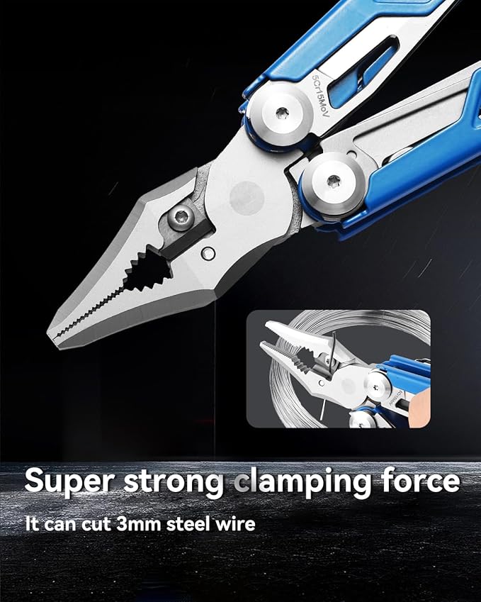 Multitool 15-in-1 Stainless Steel Multi Tool Pliers with Knife, Spring-Action Pliers and Scissors, Multitool for Survival, Camping, Hiking, Gifts for Men (Blue)