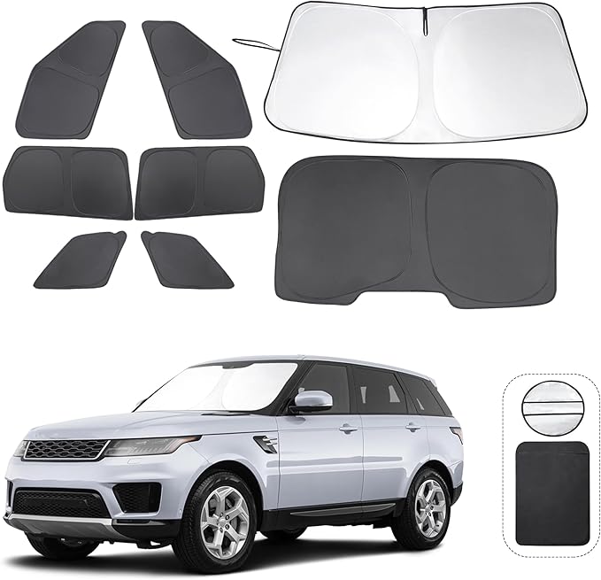 8PCS Windshield Sun Shade Custom Fit for 2014-2022 Land Rover Range Rover Sport Accessories Foldable Sunshade Side Rear Window Shade Cover Full Set Privacy Protection Keeps Car Cool