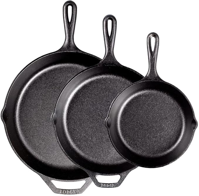 Lodge Seasoned Cast Iron Skillet Set - PFAS-Free, Non-Toxic Cookware - Use with an Oven, Stove, Grill, or Campfire - Naturally Non-Stick & Oven Safe - 8, 10.25 & 12 Inches