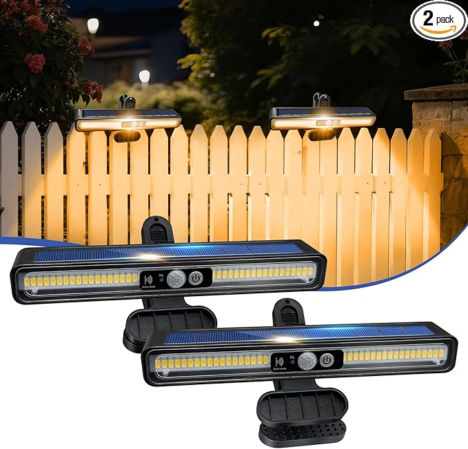 Clip On Solar Motion Lights Outdoor, 2 Pack 3 Modes Fence Lights Solar Powered, 36 LEDs 6500K Waterproof, Portable Security Light for Yard, Camping, Garage（Warm Yellow）