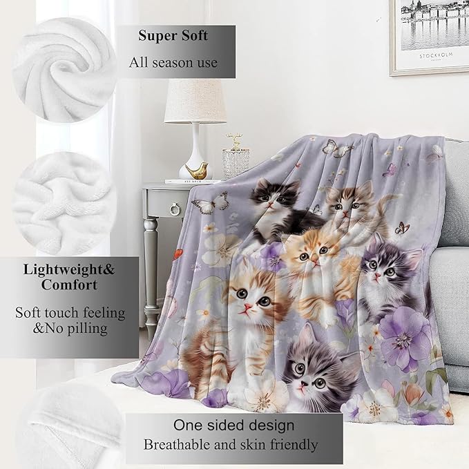 Adorable Kitten Blanket Cute Cat and Butterfly on Lavender Throw Blankets Gifts for Girls Women Adults Lightweight Soft Fleece Cozy for Sofa Couch Bed Room Travel Birthday Decor 60x80in