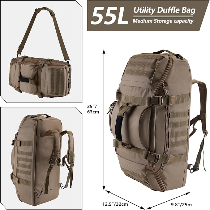 Hannibal Tactical 55L Large Duffle Bag, 3-in-1 Tactical Backpack MOLLE Pack for Gym, Sports, Outdoor, Coyote