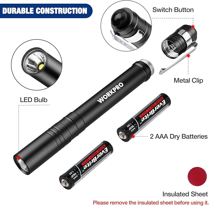 WORKPRO LED Pen Light, Aluminum Pen Flashlights, Pocket Flashlight with Clip for Inspection, Emergency, Everyday, Black(4-Pack)