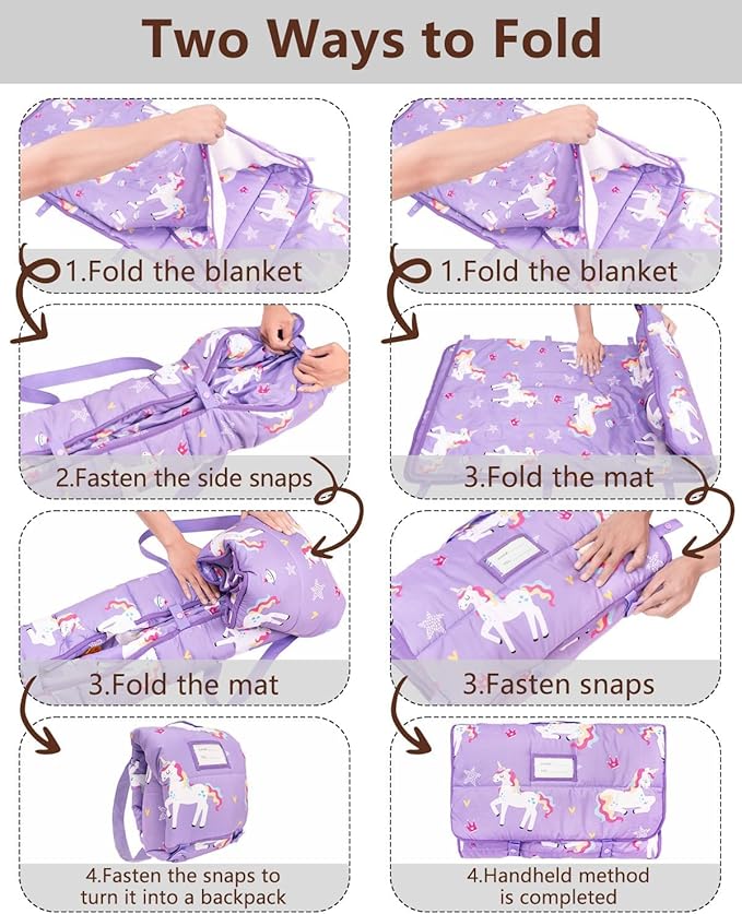 Primlect Toddler Nap Mat with Removable Pillow and Flannel Blanket, Portable Sleep Bag for Kids, Easy to Roll up, Washable, Perfect for Daycare, Preschool, Boys and Girls, 3-6 Years