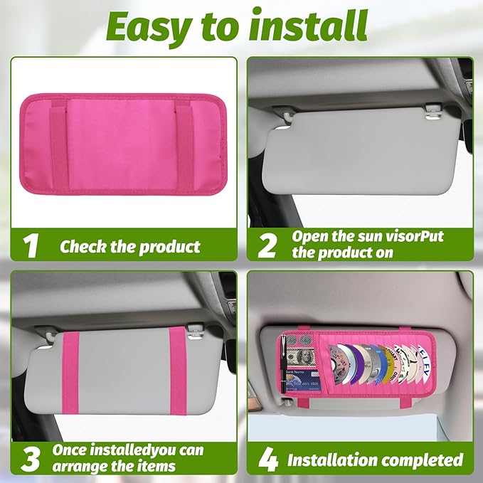 Car CD & DVD Holder - Large Capacity CD Visor Case, Vehicle Visor Storage Organizer with 12 Disc Sleeves, 1 Mesh Pocket 1 Pen Holder and & Elastic Band (Pink)