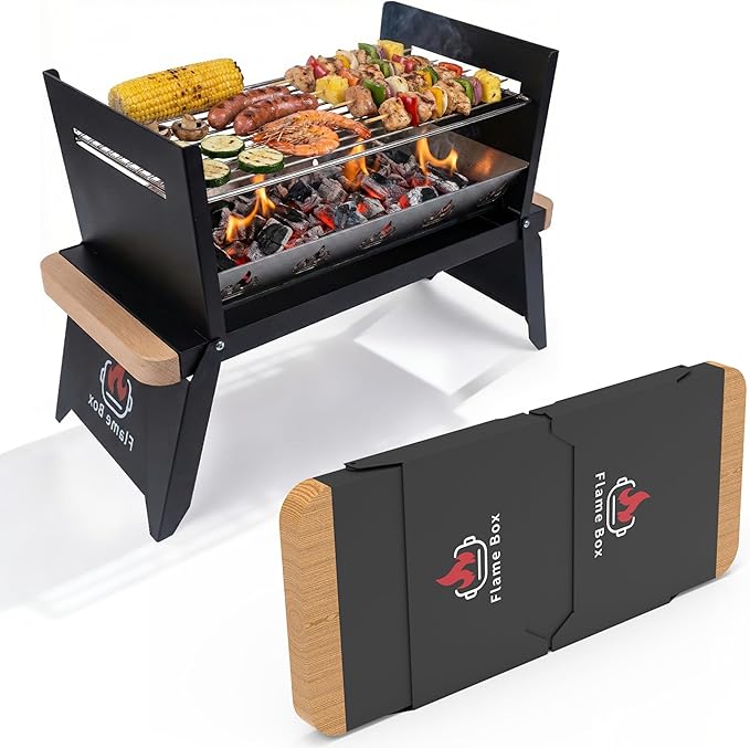 Nomad Portable Charcoal Grill – Ultra-Slim Folding BBQ for Outdoor Cooking, Camping & Travel | 304 Stainless Steel, Heat-Resistant Wood Handles, 3-sec Setup, Ready to serve 3-4 people