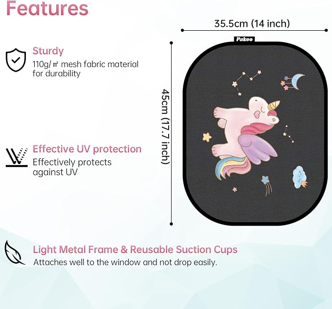 Pakoo Car Window Shade for Baby, 2 Pack UV Protection Breathable Universal Fit Mesh Car Window Shades, 2 Pack with 8 Suction Cups- 17.7 x 14 inches