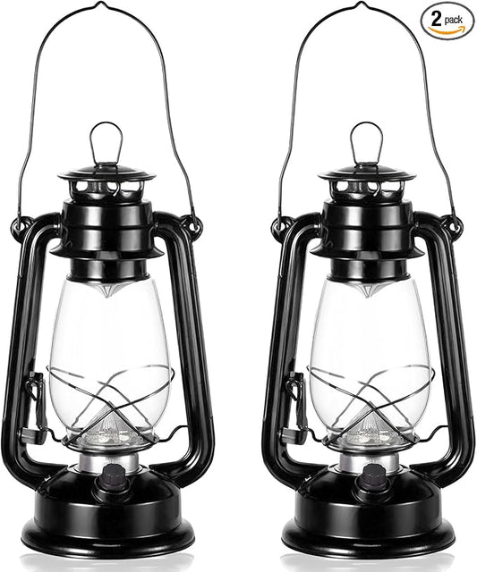Hortsun 2 Pcs 12 Inch Vintage LED Hurricane Lantern Metal Black Outdoor Battery Operated Hanging Lantern with Warm LEDs and Dimmer Switch for Indoor Rustic Farmhouse Country Camping Decor