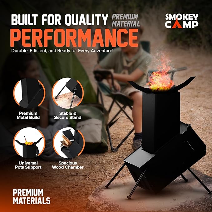 Rocket Stove for Camping Heavy Duty Wood Burning Stove with Adjustable Legs, Portable Wood Burning Fire Camping Stove, Cooking Camping Grilling Outdoor Backyard BBQ Stove with Storage Bag, Rod, Gloves