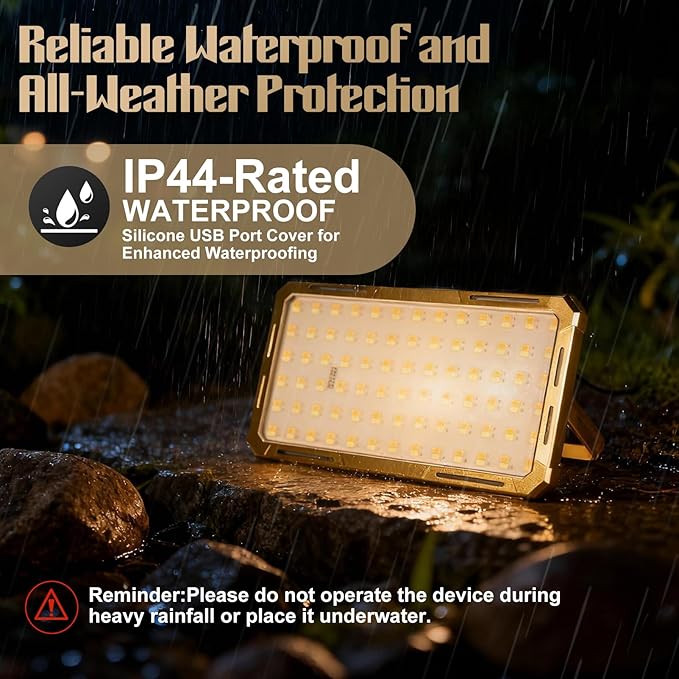 Solar Rechargeable Work Light with Power Bank & Battery Indicator, 178 LED Portable Flood Light with Magnetic Base, 4 Modes IP44 Waterproof Job Site Lamp for Camping, Fishing, Car Repair (Gold Body)
