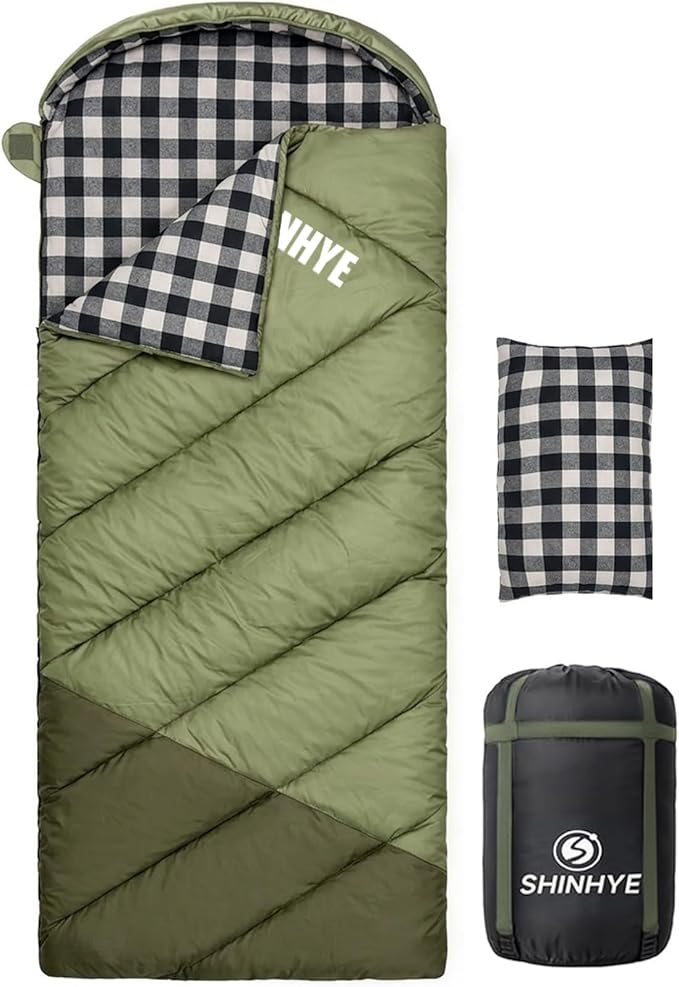ShinHye 0 Degree Sleeping Bag for Adults - Cotton Flannel 4 Season Cold Weather Winter, XXL Big and Tall Camping Sleeping Bag with Compression Sack