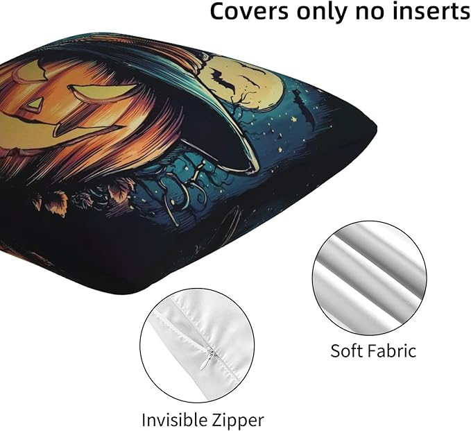 Halloween Evil Pumpkin Throw Pillow Covers 18x18 inch Set of 2 Bat Pillow Case Cushion Cover for Home Sofa Couch Living Room Car Decor