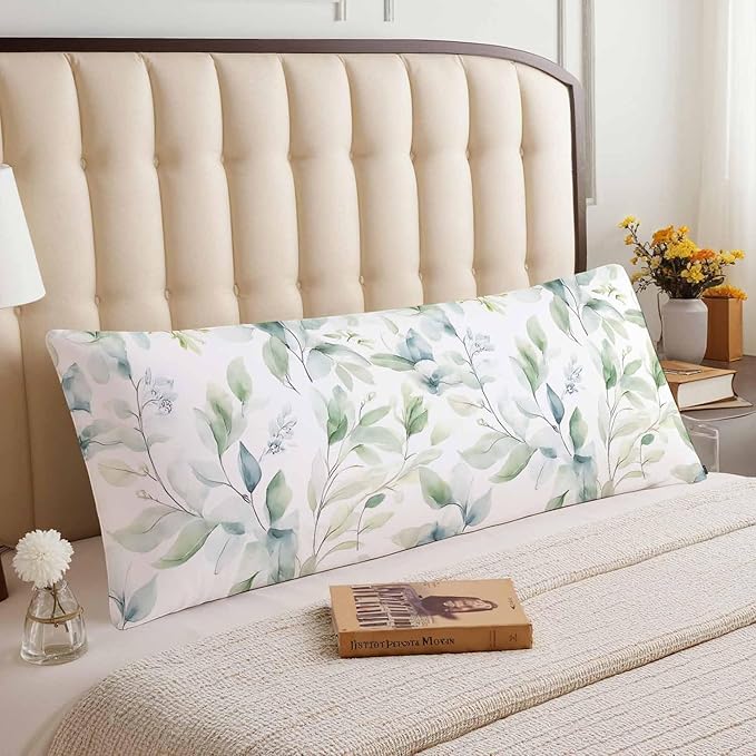 Green Leaf Decorative Home Pillow Covers, Watercolor Floral Eucalyptus Leaves Long Body Pillow Cover Sleeper Cushion Cover Body Pillowcase for Man Woman Sofa Patio Shop 20x54 Inch
