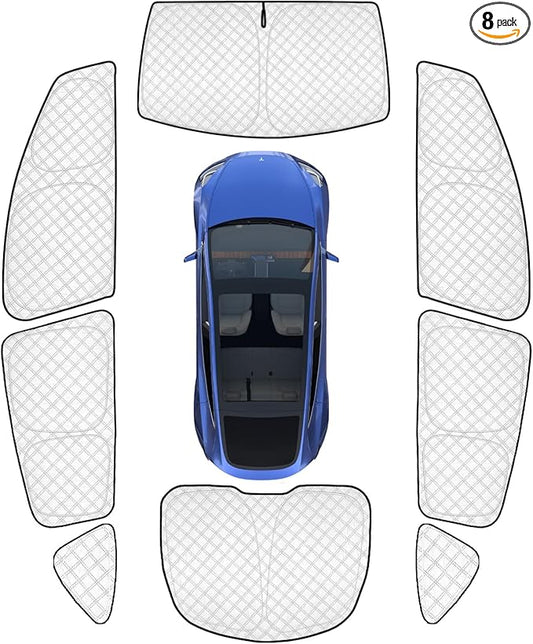 KMF 8pcs Full Thicken Sun Shades for 2025 2026 Tesla Model Y Juniper Accessories, Tesla Y Privacy Car Window Covers for Windshield Side Rear, UV Block and Blackout for Camping Outdoor