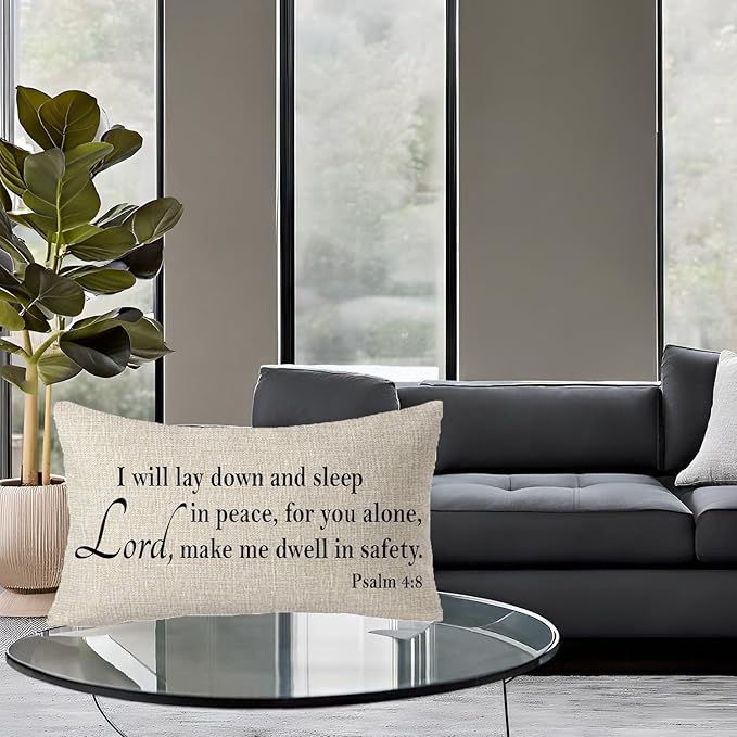 I Will Lay Down and Sleep in Peace, for You Alone, Lord, Make Me Dwell in Safety Psalm 4:8 Blessing Gift Throw Pillow Cover Cushion Case Cotton Linen Material Decorative Lumbar 12x20 inches