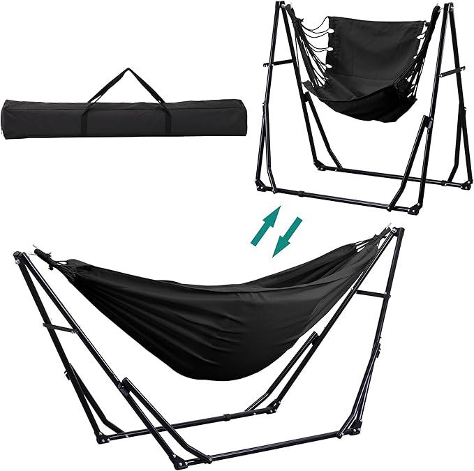 Ainfox Hammock with Foldable Stand, 2 in 1 Hammock and Swinging Chair with Carrying Bag, Portable Camping Chair Suitable for Outside, Swing,Patio,Garden,Camping Trip Black