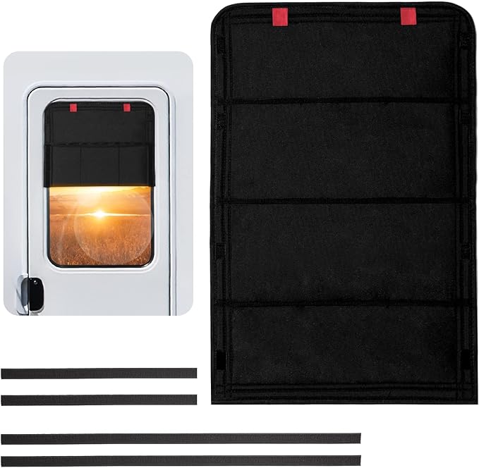 funomo RV Door Window Shade, Foldable Hook and Loop Fastener RV Blackout Window Cover, UV Rays Protection Camper Trailer Door Window Cover, Waterproof Thickened Oxford Fabric (Black-R)