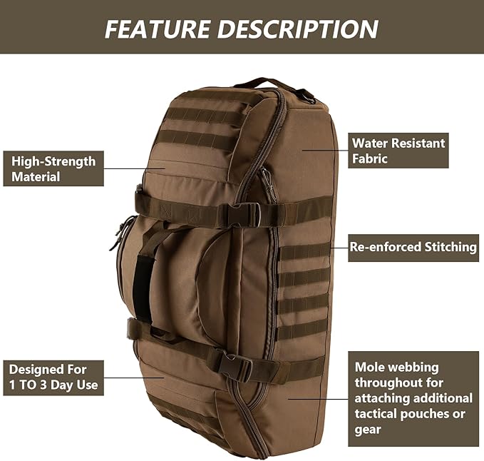 Hannibal Tactical 65L Large Duffle Bag, 3-in-1 Tactical Backpack MOLLE Pack for Sports, Gym, Outdoor, Dark Brown