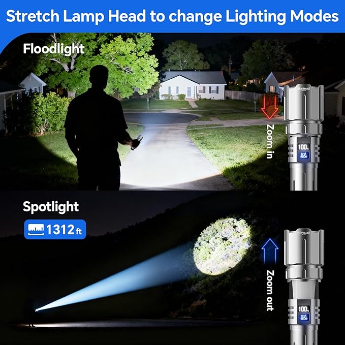 Yemao EDC Flashlight Rechargeable with Camping Lamp,Zoomable Tactical Flashlight with 8 Modes,5000mAh LED Bright Flashlights Portable Flashlighst for Home,Camping,Travel,Emergency