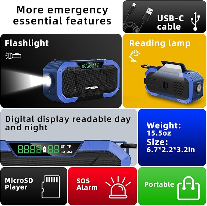 KAYINOW Emergency NOAA Weather Radio, Solar Hand Crank FM AM Radio with Bluetooth Speaker, 5000mAh/18500mWh Battery Powered, Flashlight, IPX5 Waterproof, SOS Alarm for Survival Hurricane Camping
