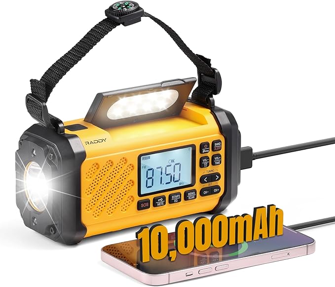 Raddy SH-906 Emergency Radio, 10000mAh NOAA Weather Alert Hand Crank Solar AM/FM/SW/VHF Radio with Flashlight, Reading Lamp, SOS, Compass, Cell Phone Charger for Survival Outdoor